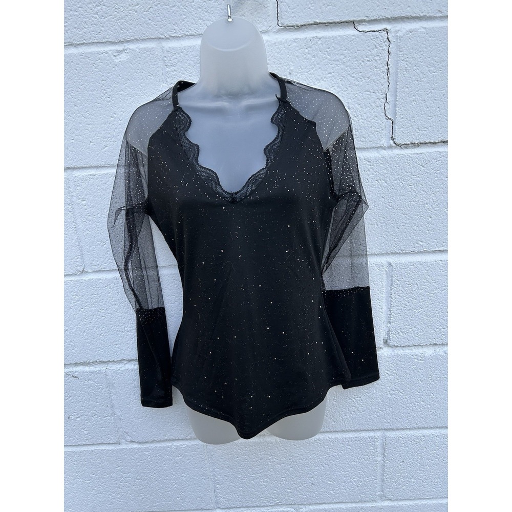 Sheilay Black Sheer Mesh Top Sm Vamp Sequins Cocktail Formal Glam Lace  Form Fit